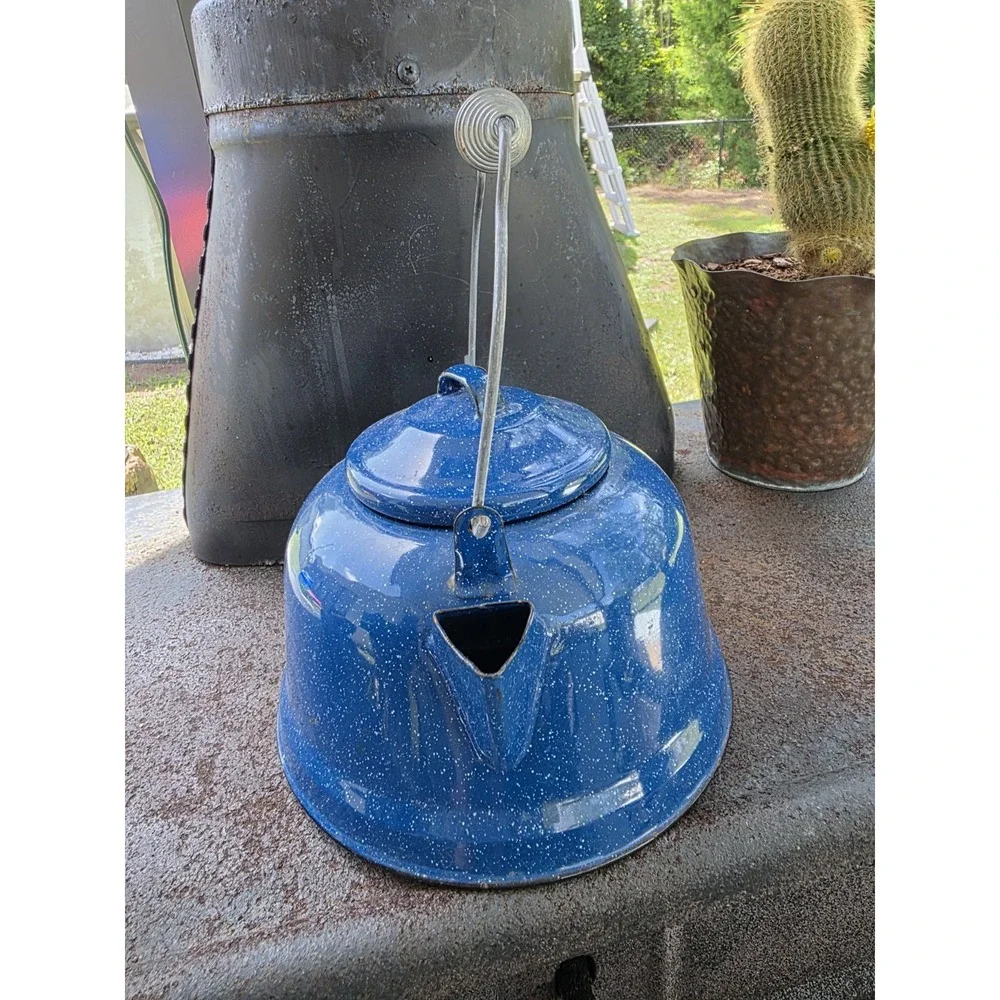 VTG Blue Speckled Enamelware Coffee Tea Pot Kettle 7